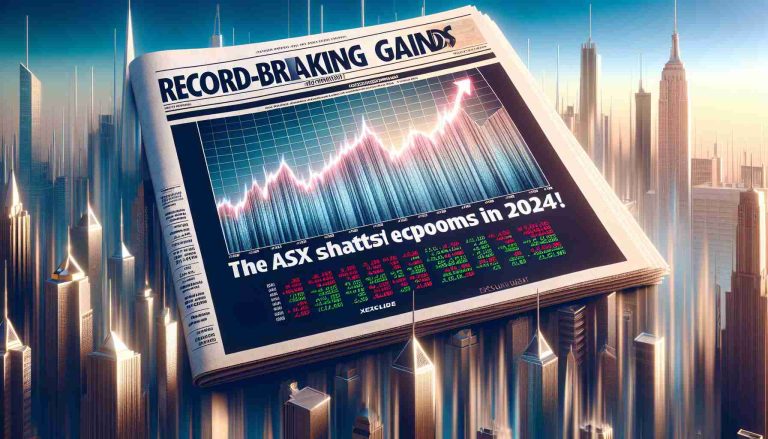 A high-definition, realistic image of a newspaper headline that reads 'Record-Breaking Gains: The ASX Shatters Expectations in 2024!'. The background showcases a rising stock market graph to represent the bullish trends. The surrounding elements include financial data charts and ticker tape feed running along the bottom for real-time price updates. Please exclude any specific company logos or copyrighted material.