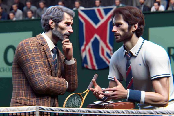 A high-definition, realistic image portraying an unexpected coaching drama scene within a tennis context. Two male tennis players, who are not recognizable public figures, exhibit a unique relationship. One player possesses traits associated with an Eastern European descent, and the other signifies a Scottish descent. They can be seen in an intense discussion by the court-side, indicating a coaching disagreement or strategy planning.