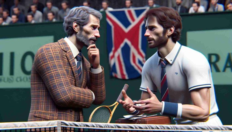 A high-definition, realistic image portraying an unexpected coaching drama scene within a tennis context. Two male tennis players, who are not recognizable public figures, exhibit a unique relationship. One player possesses traits associated with an Eastern European descent, and the other signifies a Scottish descent. They can be seen in an intense discussion by the court-side, indicating a coaching disagreement or strategy planning.