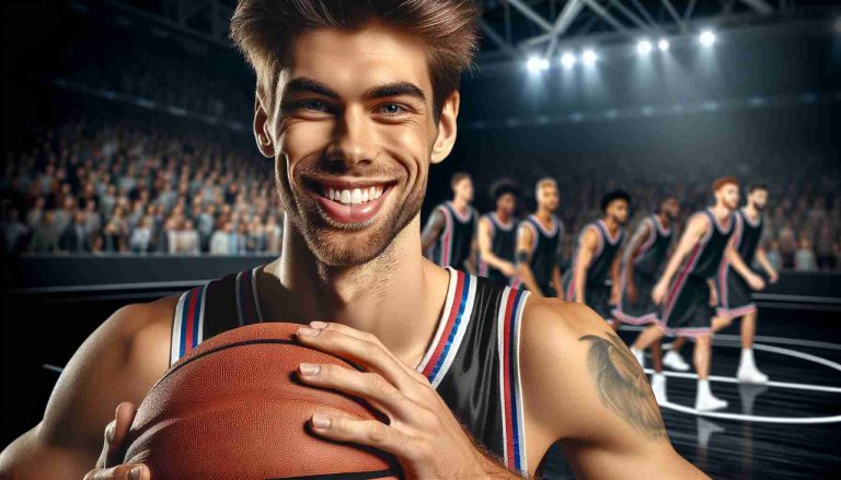 An HD image showing a sportsperson, who is a professional basketball player. He could be any descent and race, having a broadly beaming smile on his face, embodying his undying love for his team. Ideally, he's donned in his team's attire, dribbling the ball on the court with his teammates around, and the crowded arena in the background showing the high stakes of the game.