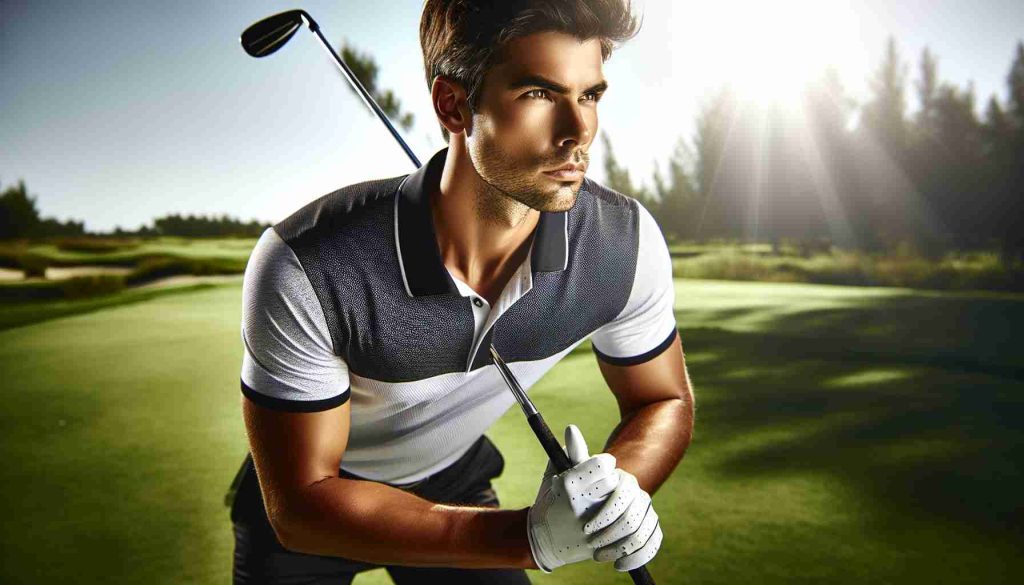 An ultra-high definition image illustrating a skilled professional golfer, characterized by a powerful build and short dark hair, poised and focused. He is ready to embark on a new phase in his career. The golfer is on a lush green golf course, wearing modern golf attire and gripping his club tightly. The sunlight shines brightly on him, signifying hope and success for his future endeavors.