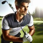 An ultra-high definition image illustrating a skilled professional golfer, characterized by a powerful build and short dark hair, poised and focused. He is ready to embark on a new phase in his career. The golfer is on a lush green golf course, wearing modern golf attire and gripping his club tightly. The sunlight shines brightly on him, signifying hope and success for his future endeavors.