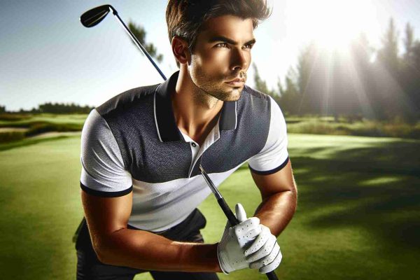 An ultra-high definition image illustrating a skilled professional golfer, characterized by a powerful build and short dark hair, poised and focused. He is ready to embark on a new phase in his career. The golfer is on a lush green golf course, wearing modern golf attire and gripping his club tightly. The sunlight shines brightly on him, signifying hope and success for his future endeavors.