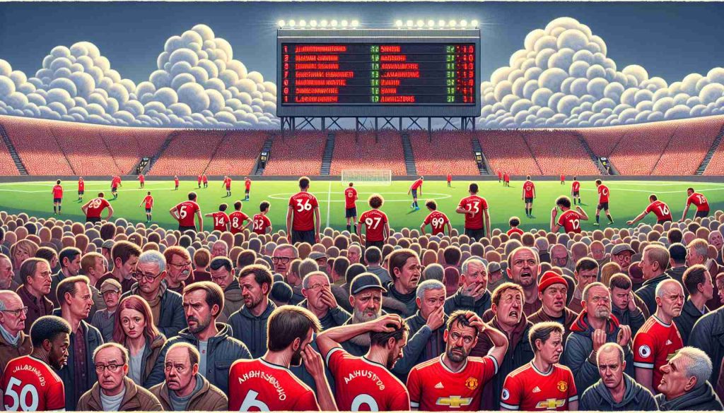 A detailed image exhibiting the struggles of a prominent Premier League soccer club in high definition resolution. The image should include players in red jerseys showing expressions of anxiety, tension, and determination. They are trying their best, but they can't seem to break their slump. The scoreline on an electronic board shows a losing result. The bustling crowd in the stands wears expressions of varied emotions - hope, anger, disappointment. In the sky above, a question mark made of fluffy white clouds alludes to the uncertainty - Will a star athlete joining their ranks save the day?