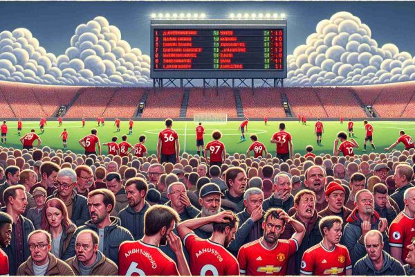 A detailed image exhibiting the struggles of a prominent Premier League soccer club in high definition resolution. The image should include players in red jerseys showing expressions of anxiety, tension, and determination. They are trying their best, but they can't seem to break their slump. The scoreline on an electronic board shows a losing result. The bustling crowd in the stands wears expressions of varied emotions - hope, anger, disappointment. In the sky above, a question mark made of fluffy white clouds alludes to the uncertainty - Will a star athlete joining their ranks save the day?