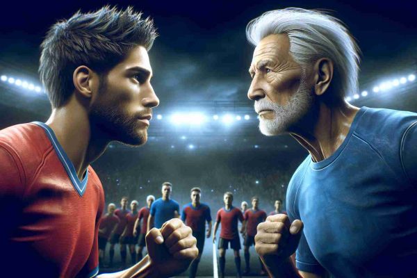 A high-definition, realistic image of a thrilling collision between rising stars in the world of competitive sports. One is an undefeated newcomer, youthful and full of ambition, and the other is a grizzled veteran, hardened by years of experience. Visualize an intense face-off, where the youthful competitor could be imagined as an agile, Hispanic male athlete in his prime, wearing red sports attire, while the veteran is a Caucasian male with signs of age and wisdom, wearing blue. The background is filled with anticipation, showcasing a crowd blur to heighten the drama.