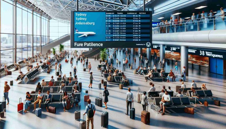 High-resolution scene of the busy interior of an international airport terminal. A large departure screen displays a delay for a flight from Sydney to Johannesburg. Travelers of various descents and genders display a mix of emotions, confusion, frustration, or patience, waiting with their luggage around the seating area. An announcement is being made over the loudspeaker by the airport staff asking for patience due to unspecified disruptions.