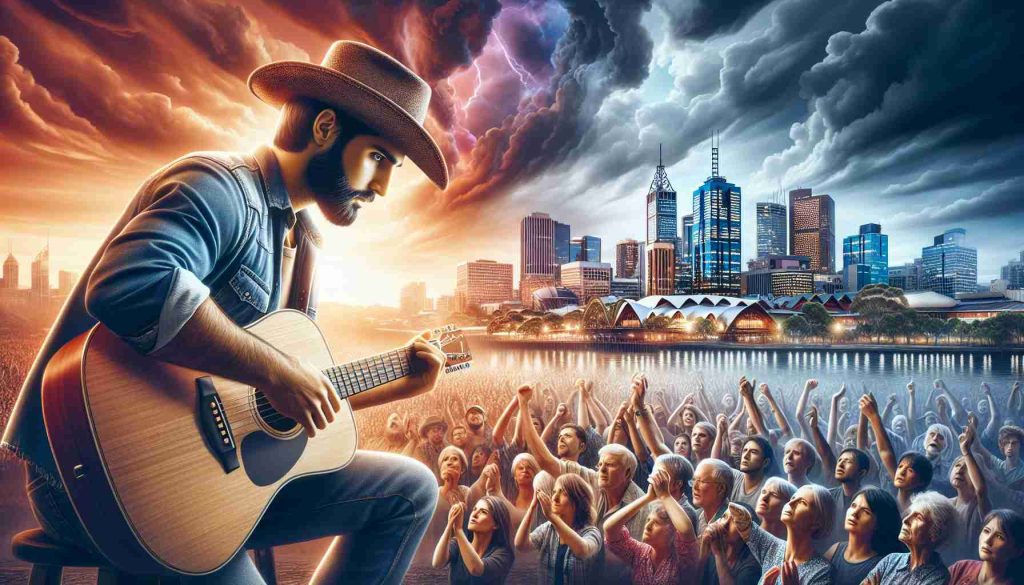 A detailed image portraying the concept of heartbreak and new beginnings, depicted in a realistic, high-definition photo. Imagine a captivating scene in Australia where a generic musician (not a public figure), is enthralling the crowd with his powerful and emotional music. The musician could be a Middle-Eastern man wearing casual country singer attire and holding a guitar, while the crowd depicts a diverse set of people, emotionally moved by his performance. The background is a thriving Australian cityscape at sunset, reflecting a mixture of emotions and the transition from an ending to a new start.