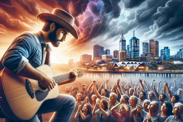 A detailed image portraying the concept of heartbreak and new beginnings, depicted in a realistic, high-definition photo. Imagine a captivating scene in Australia where a generic musician (not a public figure), is enthralling the crowd with his powerful and emotional music. The musician could be a Middle-Eastern man wearing casual country singer attire and holding a guitar, while the crowd depicts a diverse set of people, emotionally moved by his performance. The background is a thriving Australian cityscape at sunset, reflecting a mixture of emotions and the transition from an ending to a new start.