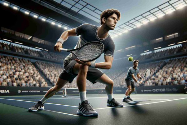 Generate a photorealistic, high-definition image of an intense match in a prestigious tennis tournament between two emerging stars of the sport. The focus is on one player, a young man of Caucasian descent, poised to serve, determination visible on his features. Is he about to turn the tides? He's up against another rising star, a Middle-Eastern man adeptly positioned and ready to return the serve. Both are dressed in modern, stylish tennis attire and equipped with the latest tennis rackets. The sprawling stadium around them is filled with enthusiastic spectators eagerly awaiting the next move.