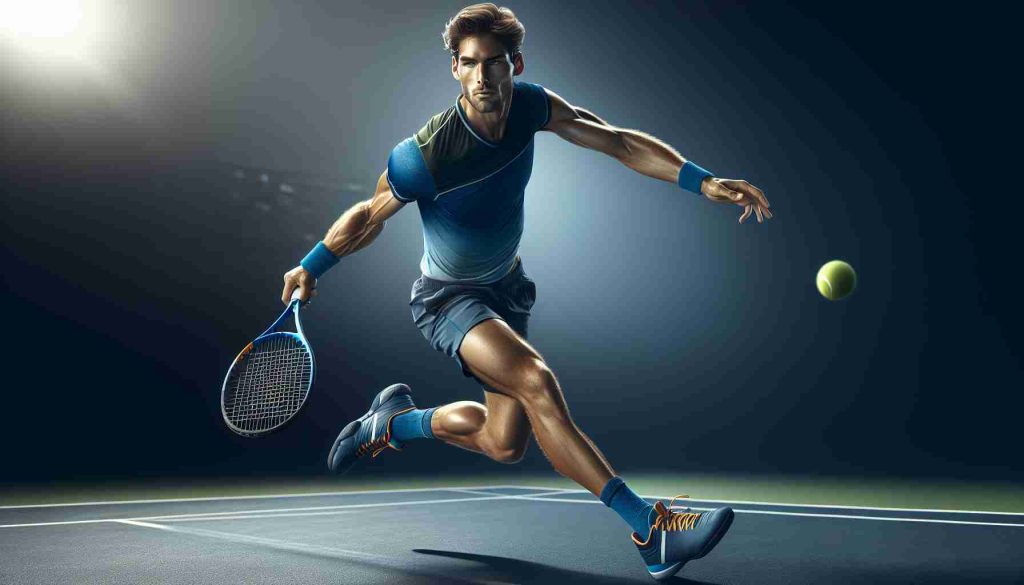 High-definition, realistic image of an intense tennis match. The main focus is on a male tennis player, of Caucasian descent, in his mid-20s with a lean and fit physique. He's darting around the court, showing dazzling footwork and athletic prowess in a gripping performance. His attire includes a vibrant blue tennis outfit, wristbands and tennis shoes, accentuating the energy of the scenario. He's serving the ball with an impressive backhand, while his opponent, a muscular male Black player of similar age, tries to return the shot. Emphasis on the determination and competitive spirit in their expressions.