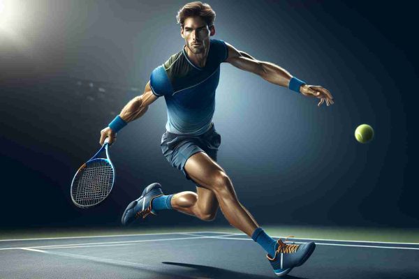 High-definition, realistic image of an intense tennis match. The main focus is on a male tennis player, of Caucasian descent, in his mid-20s with a lean and fit physique. He's darting around the court, showing dazzling footwork and athletic prowess in a gripping performance. His attire includes a vibrant blue tennis outfit, wristbands and tennis shoes, accentuating the energy of the scenario. He's serving the ball with an impressive backhand, while his opponent, a muscular male Black player of similar age, tries to return the shot. Emphasis on the determination and competitive spirit in their expressions.