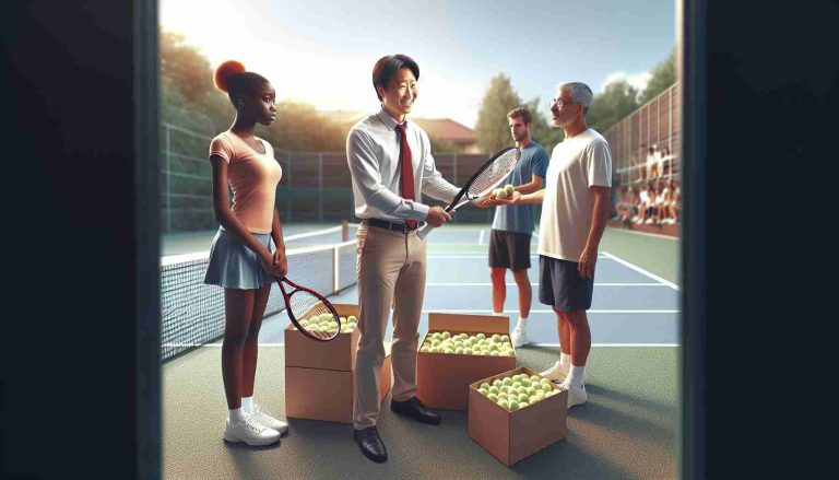 A high-definition, realistic image of a scene symbolizing unexpected generosity in the world of tennis. Perhaps, it could be a renowned tennis player (not a real person), male, of Asian descent, handing a brand new tennis racket to a young aspiring female tennis player of African descent. Another player, a Caucasian female, can be in the background donating big boxes of tennis balls to a tennis academy. A South Asian male tennis coach can be seen gratefully accepting the donations with a smile. The setting is a well-maintained tennis court under a sunny sky.