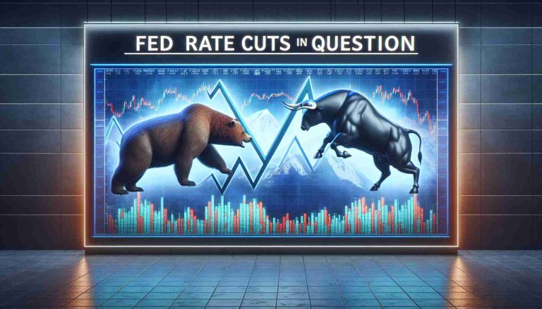 A high definition, realistic image of shifts in the market, represented symbolically by a bear and a bull locked in battle on a large screen displaying financial charts. The element of 'Fed Rate Cuts' is visualized by declining graph lines prominently displayed in the background that raise questions. A headline banner at the bottom of the screen mentions 'Fed Rate Cuts in Question'.