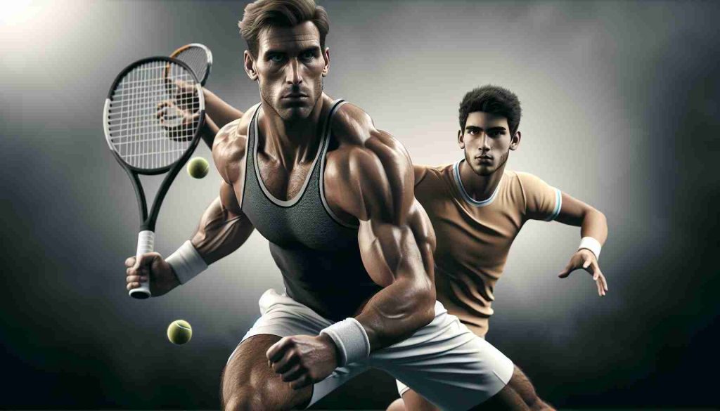 High-definition realistic image of an intense tennis match between a seasoned eastern European male athlete and a talented young Spanish player. The scene embodies the collision of two generations in the sporting world. The older player is tall, with a muscular build, short light hair, and carries a look of concentration while the younger player is energetic, with dark hair, showcasing his agility and youthful tenacity.