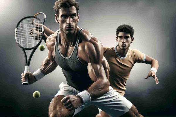 High-definition realistic image of an intense tennis match between a seasoned eastern European male athlete and a talented young Spanish player. The scene embodies the collision of two generations in the sporting world. The older player is tall, with a muscular build, short light hair, and carries a look of concentration while the younger player is energetic, with dark hair, showcasing his agility and youthful tenacity.