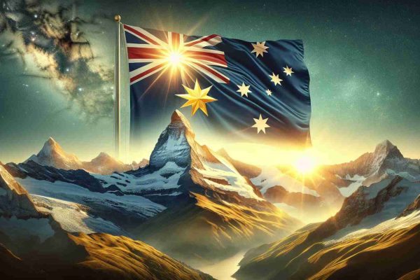 Create a high definition, realistic image showcasing a 'Unexpected Comeback' theme. Illustrate the stunning Swiss peaks under a glorious sun, revealing their majesty. Alongside this, picture a gold star brightly shining in the skyline to symbolize the triumph. Add a subtle hint of the Australian flag fluttering in the wind projecting the essence of Australia. Please refrain from referencing any specific individuals.