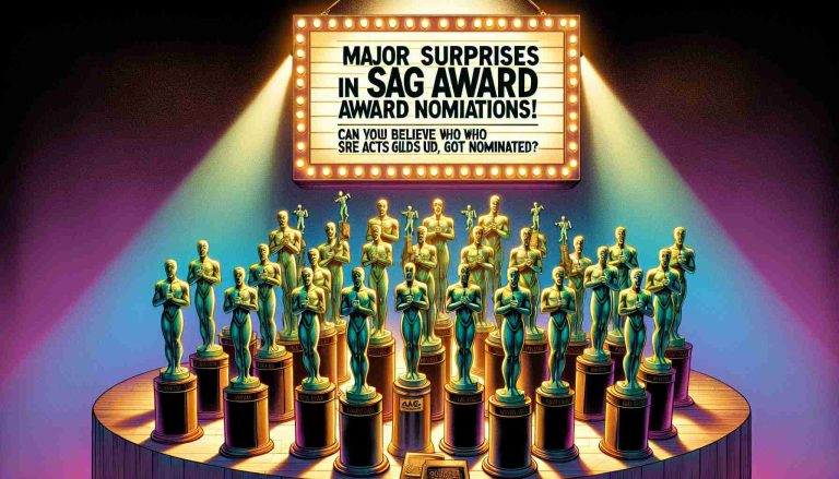 Create a vividly detailed illustration of a collection of theatrical award statues. Each one bears the logo of the Screen Actors Guild, or SAG, awards. Beside the grouping of awards, let there be a spotlight illuminating a billboard-like message, saying 'Major Surprises in SAG Award Nominations! Can You Believe Who Got Nominated?' The ambiance encapsulating the scene should portray fascination and surprise.