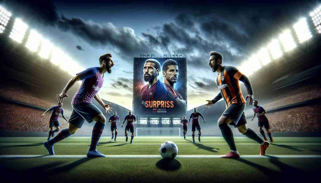 Realistic high definition image capturing a suspenseful moment in football. It depicts two rival teams, one being a highly renowned team and the other an underdog, gearing up for a surprise showdown. The excitement, tension and anticipation in the air is palpable. Displayed prominently in the background is a large billboard announcing the upcoming match, raising the question: Can the lesser-known team cause a stunning upset?