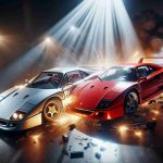 Realistic high-definition image depicting an intense car accident scene in the spotlight. Two luxury sports cars, which are reminiscent of the Ferrari F40 in design, silver and red in color are involved. The scene is filled with sparks from the collision and dramatic lighting, capturing the shock and awe moment. Furthermore, in the backdrop, we can observe bystanders observing the incident in disbelief. Note: No humans are visibly harmed in this image.