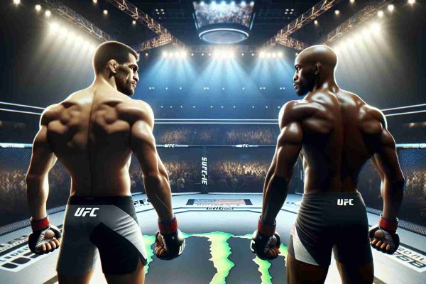 High-definition, hyper-realistic image of a fictitious Ultimate Fighting Championship event titled 'UFC 311: Epic Showdown on the Horizon!' Showing two strong, athletic fighters, a Caucasian male and a Black male, in the middle of the octagon, ready for a match. The atmosphere is charged with anticipation. The arena is filled with spectator silhouettes, the lights are focused on the fighters, and the branding banners in the background hint at the intensity of the upcoming showdown. Please do not include identifiable persons or logos.