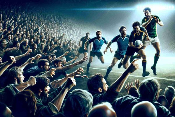 High definition image capturing a dramatic moment from a fictional sports match. The two opposite teams displaying high energy and spirit, with one team making an incredible comeback after being considerably behind. The scene is tense, with a diverse crowd of spectators, of different genders, ages and descents, anxiously waiting for the final outcome. The image should feel like a freezing moment in time encapsulating the heated struggle for victory.