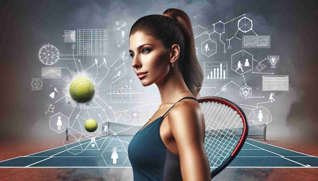 A realistic high-definition image displaying a professional female tennis player who is incredibly successful and unstoppable. The image should depict hints of strategy or elements that might be contributing to her success. Include a tennis court, tennis equipment, and possibly diagrams or icons representing strategic planning and physical conditioning.