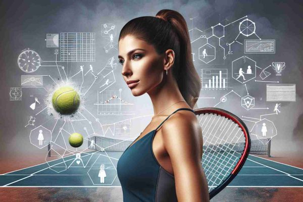 A realistic high-definition image displaying a professional female tennis player who is incredibly successful and unstoppable. The image should depict hints of strategy or elements that might be contributing to her success. Include a tennis court, tennis equipment, and possibly diagrams or icons representing strategic planning and physical conditioning.