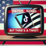 Create a hyper-realistic high-definition image of a television screen displaying a breaking news headline that reads: 'TikTok Banned in the U.S. But There's a Twist!'. The screen should also show an image of a mobile phone with the TikTok logo, set against a backdrop of the U.S. flag. The overall scene should reflect the urgency and surprise typical of breaking news announcements.