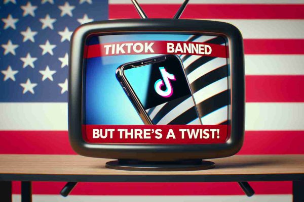 Create a hyper-realistic high-definition image of a television screen displaying a breaking news headline that reads: 'TikTok Banned in the U.S. But There's a Twist!'. The screen should also show an image of a mobile phone with the TikTok logo, set against a backdrop of the U.S. flag. The overall scene should reflect the urgency and surprise typical of breaking news announcements.