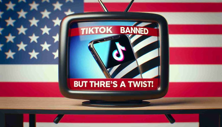 Create a hyper-realistic high-definition image of a television screen displaying a breaking news headline that reads: 'TikTok Banned in the U.S. But There's a Twist!'. The screen should also show an image of a mobile phone with the TikTok logo, set against a backdrop of the U.S. flag. The overall scene should reflect the urgency and surprise typical of breaking news announcements.