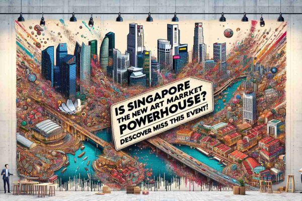 Generate a high-definition image that portrays Singapore as a powerful art market feature. It oozes with artistic ambiance, showcasing numerous art galleries overflowing with attractive art pieces. Also, include a large banner in the design with the text: 'Is Singapore the New Art Market Powerhouse? Discover Why! Don't Miss This Event!' The banner should be eye-catching and stimulating curiosity about the event.