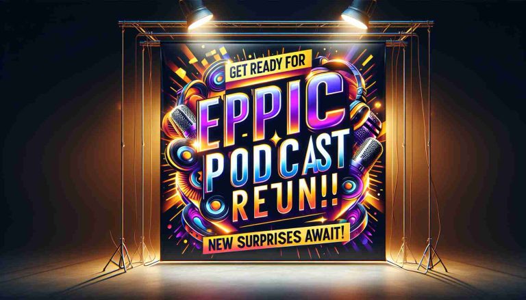 High definition realistic image of a graphic banner, designed in vibrant colors, with large, bold typography. The banner reads, 'Get Ready for an Epic Podcast Return! New Surprises Await!' Setting is illuminated with dramatic lighting suggesting excitement and anticipation. Design includes elements like microphones, headphones and sound waves to reinforce the podcast theme.