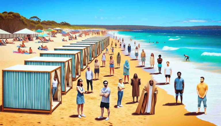 Generate a realistic HD image depicting a controversial scene on an Australian beach. In the scene, there are several cabanas lined up along the shore, but they seem to be causing some divide among the beachgoers. Some people, of varying descents such as Caucasian, Hispanic, and South Asian, seem to enjoy their time under the shade of the cabanas. On the other hand, there are also a few individuals of Black and Middle-Eastern descent who look frustrated, perhaps because of the cabanas blocking their view or occupying too much space. Let the beautiful azure waters, golden sand, and clear sky serve as the backdrop for this unusual beach day scene.