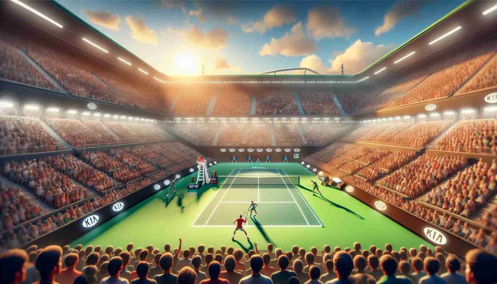 Illustrate a high definition, realistic image depicting an exciting showdown at a tennis match in the Australian Open between a seasoned, seemingly unstoppable male player and a young, sprightly male player full of potential. Ignite the scene with anticipation, illustrating the crowded stands, the sun setting over the arena, and perfectly mowed green courts.