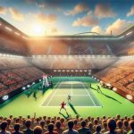 Illustrate a high definition, realistic image depicting an exciting showdown at a tennis match in the Australian Open between a seasoned, seemingly unstoppable male player and a young, sprightly male player full of potential. Ignite the scene with anticipation, illustrating the crowded stands, the sun setting over the arena, and perfectly mowed green courts.