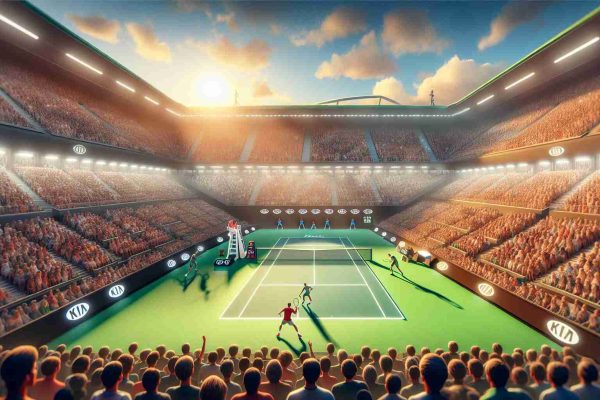 Illustrate a high definition, realistic image depicting an exciting showdown at a tennis match in the Australian Open between a seasoned, seemingly unstoppable male player and a young, sprightly male player full of potential. Ignite the scene with anticipation, illustrating the crowded stands, the sun setting over the arena, and perfectly mowed green courts.