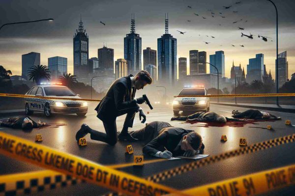 Create a realistic high-definition image depicting the scene of a dramatic event in Melbourne. It's a crime scene where detectives have just discovered two bodies. The detectives are scanning the area for evidence, surrounded by police tape. Please increase the intensity of the image to reflect the alarming nature of the situation.