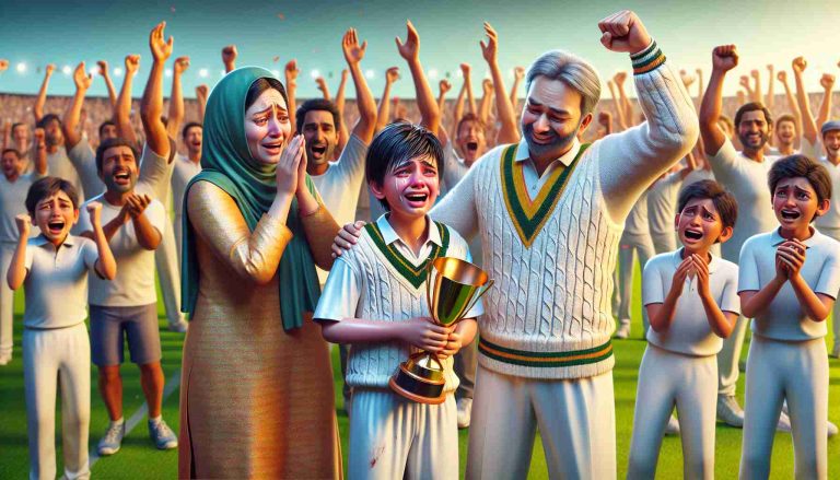 Create a realistic, high-definition image capturing an emotionally-charged moment for a young cricketer's family. Imagine the scene: a South Asian boy, in his cricket whites, holding up a winning trophy. His proud parents, a Middle-Eastern man and a Caucasian woman, look on with tears of joy in their eyes. They're surrounded by a crowd erupting in applause. Include the vivid greens of the cricket pitch and the vibrant colors of the spectators. Please add a sense of realism to the image to enhance the joy and triumph of the moment.