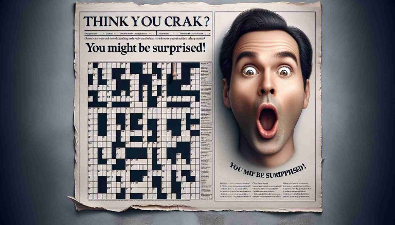 A realistic HD image featuring a surprised expression on a face next to a crossword puzzle, which represents a game similar to Wordle. Above, a phrase in stylized letters reads: 'Think you can crack today's puzzle? You might be surprised!'