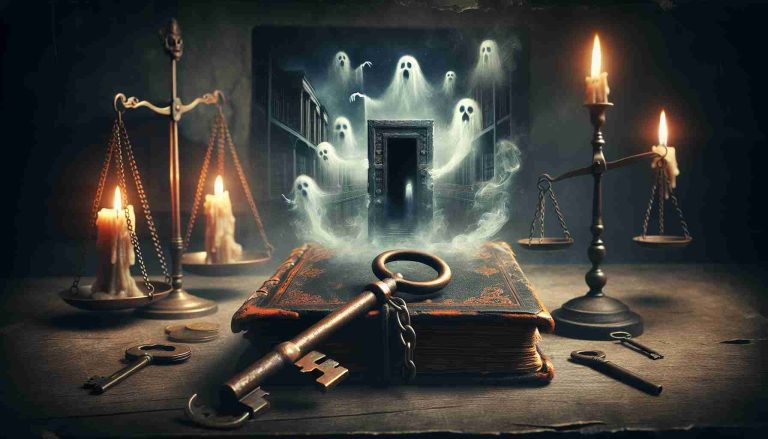 Generate a high-definition, realistic image representing the concept of 'Unlocking the Past: A Haunting Tale of Tragedy and Justice'. This could include symbolic elements such as an old, rusted key unlocking a dusty, old book, with ghost-like images emerging from it. There could be balance scales, symbolizing justice, in the background. The scene should be set in a dimly lit room, adding a haunting atmosphere to the image.