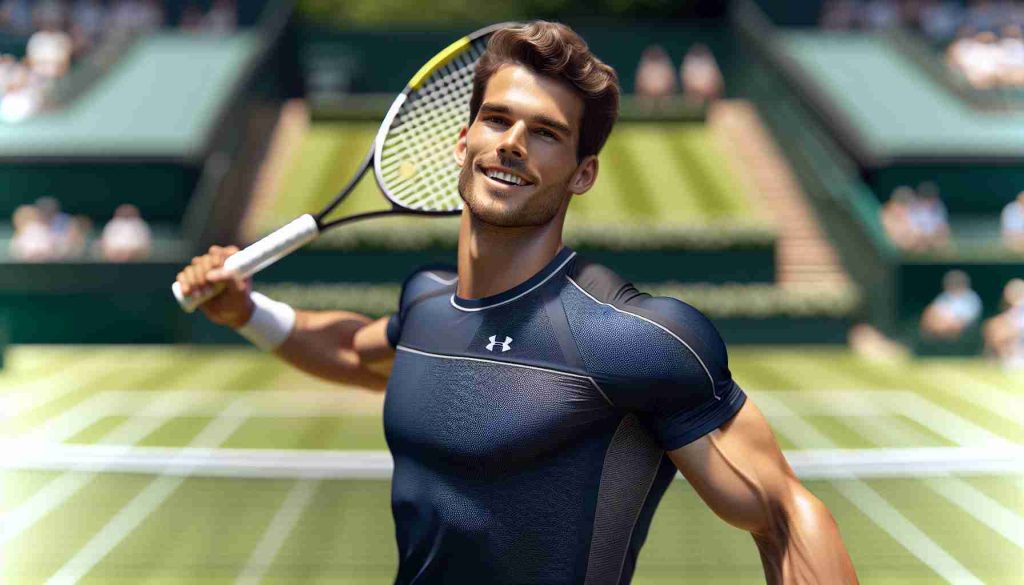 Realistic HD photo of a male tennis player enjoying a stellar start at the open. He is identified for his athletic build, short hair, displaying a sense of joy and determination. He is seen wearing a navy blue outfit, holding a white and yellow tennis racquet, ready to deliver a powerful serve on a lush green tennis court under a bright sunlit day.