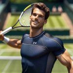 Realistic HD photo of a male tennis player enjoying a stellar start at the open. He is identified for his athletic build, short hair, displaying a sense of joy and determination. He is seen wearing a navy blue outfit, holding a white and yellow tennis racquet, ready to deliver a powerful serve on a lush green tennis court under a bright sunlit day.