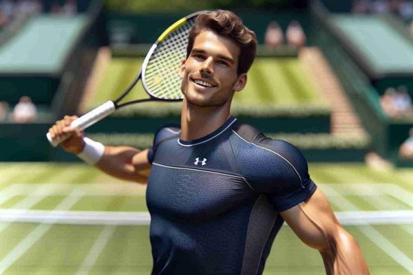 Realistic HD photo of a male tennis player enjoying a stellar start at the open. He is identified for his athletic build, short hair, displaying a sense of joy and determination. He is seen wearing a navy blue outfit, holding a white and yellow tennis racquet, ready to deliver a powerful serve on a lush green tennis court under a bright sunlit day.