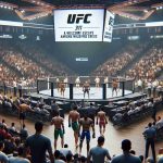 A realistic high-definition image of a UFC fight event, labelled as 'UFC 311: A Welcome Escape Amidst Wildfire Crisis.' It depicts the bustling indoor sports arena that holds the event. A professional, multiethnic roster of male and female fighters are preparing for their respective matches, chatting with their coaches, and warming up. Also noticeable are the spectators, a diverse crowd from all walks of life and various descents, who are engaged in lively conversation and eagerly waiting for the matches to start. On the large LED screen in the background, the event name is proudly displayed.