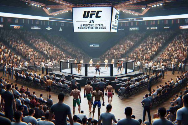 A realistic high-definition image of a UFC fight event, labelled as 'UFC 311: A Welcome Escape Amidst Wildfire Crisis.' It depicts the bustling indoor sports arena that holds the event. A professional, multiethnic roster of male and female fighters are preparing for their respective matches, chatting with their coaches, and warming up. Also noticeable are the spectators, a diverse crowd from all walks of life and various descents, who are engaged in lively conversation and eagerly waiting for the matches to start. On the large LED screen in the background, the event name is proudly displayed.