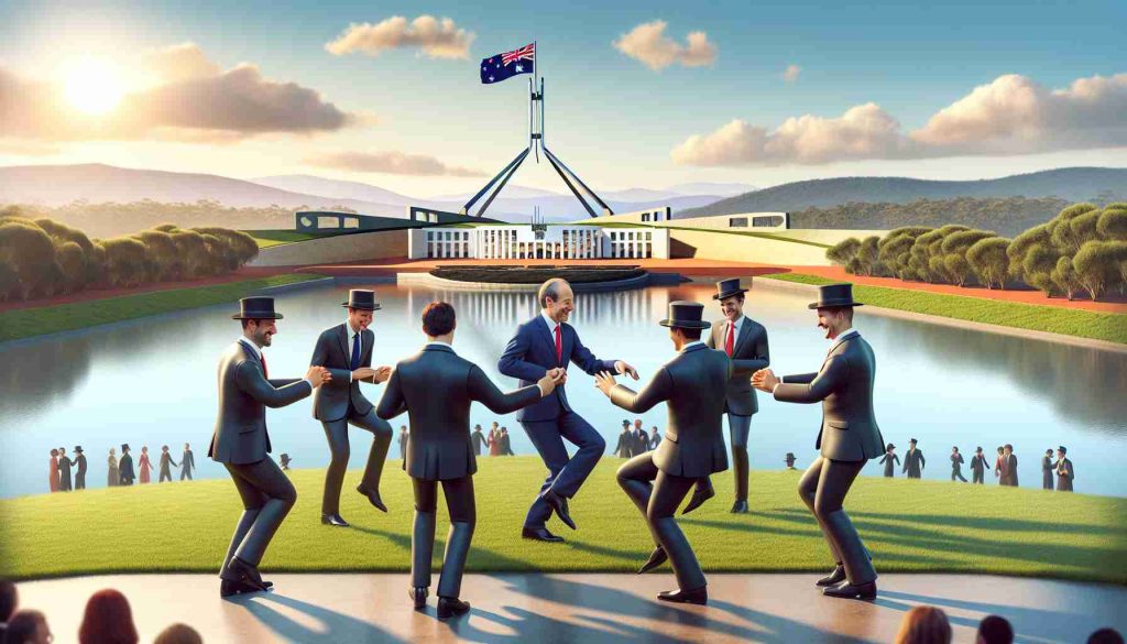 Create a realistic, high-definition illustration depicting a diplomatic visit between Australia and an optimistic politician. The scene should show them engaging in a tangible interpretation of a diplomatic dance, visually representing negotiation and mutual respect. The setting is in front of the symbolic backdrop of Canberra, Australia, showcasing iconic landmarks like the Parliament House and Lake Burley Griffin.