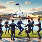 Create a realistic, high-definition illustration depicting a diplomatic visit between Australia and an optimistic politician. The scene should show them engaging in a tangible interpretation of a diplomatic dance, visually representing negotiation and mutual respect. The setting is in front of the symbolic backdrop of Canberra, Australia, showcasing iconic landmarks like the Parliament House and Lake Burley Griffin.