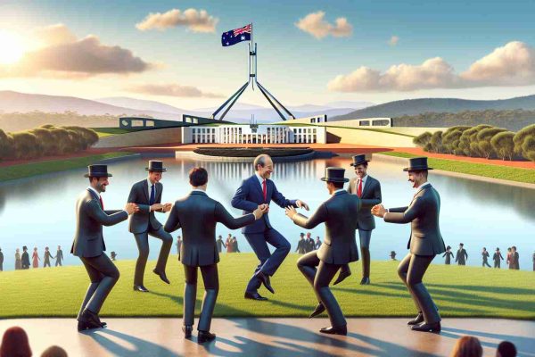 Create a realistic, high-definition illustration depicting a diplomatic visit between Australia and an optimistic politician. The scene should show them engaging in a tangible interpretation of a diplomatic dance, visually representing negotiation and mutual respect. The setting is in front of the symbolic backdrop of Canberra, Australia, showcasing iconic landmarks like the Parliament House and Lake Burley Griffin.