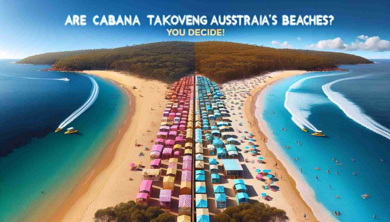 Create a realistic high-definition image showing a contrast between a serene untouched beach in Australia and another that's clearly affected by a cabana takeover, with numerous colorful beach cabanas densely packed and causing observable changes to the landscape. The side of the image showing the pristine beach should invoke a sense of calm and solitude, with undisturbed sand, clear waters, and thriving local flora, such as the iconic Australian Eucalyptus trees. The other side showing the cabana invasion should call attention to overcrowdedness, lack of personal space, and possible environmental impact. In the sky above, the phase 'Are Cabana Takeovers Ruining Australia's Beaches? You Decide!' should appear as if written by a skywriting plane, demonstrating the important question at stake.